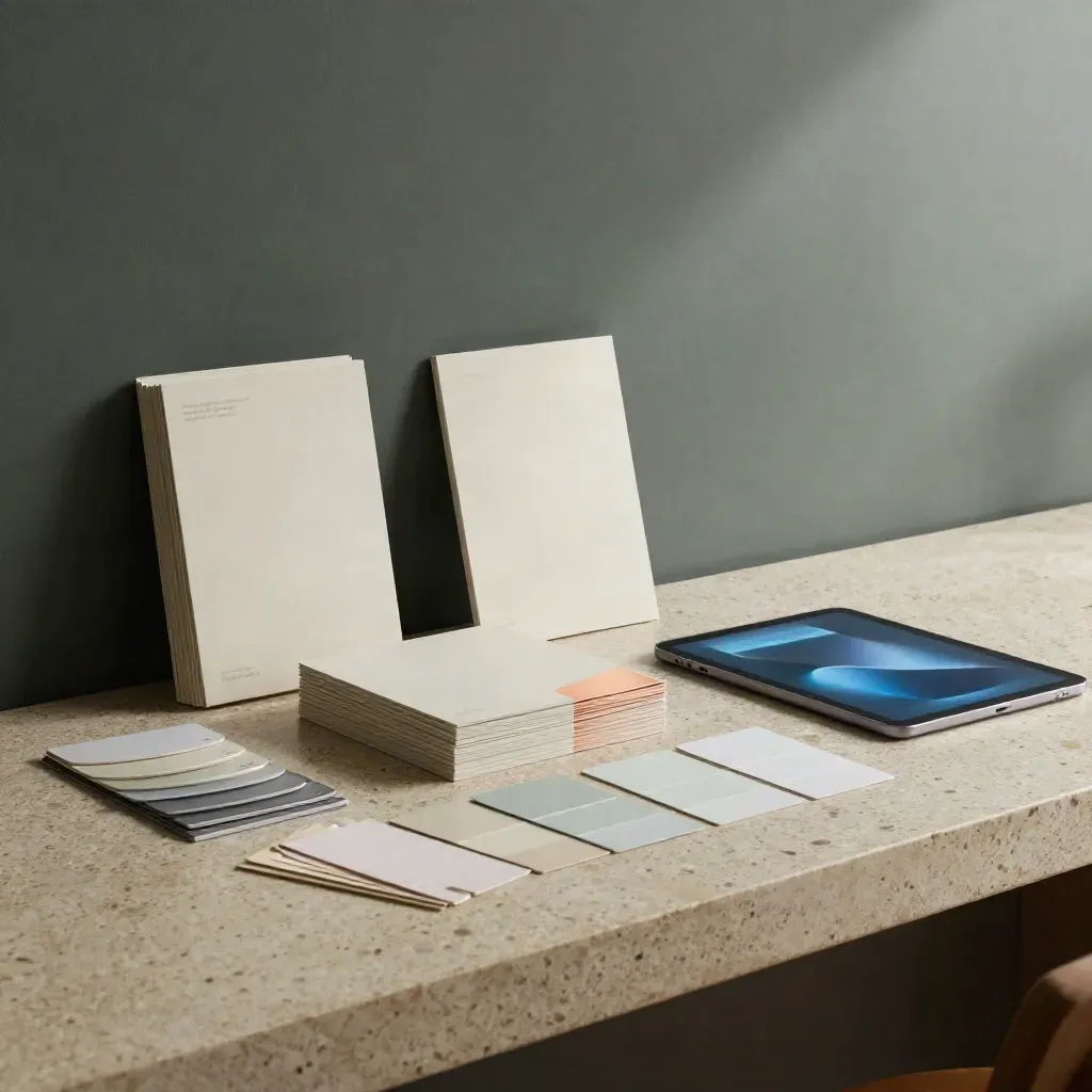 Identiti jenama premium di studio gelap, dengan mockup pembungkusan dan tablet UI abstrak.