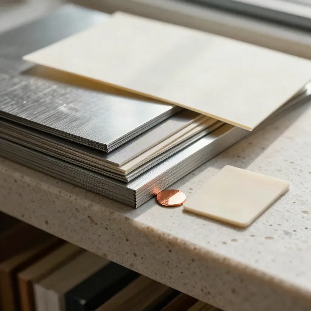 Swafoto bahan reka bentuk: kepingan aluminium, kertas potong dan token foil tembaga di atas travertin.