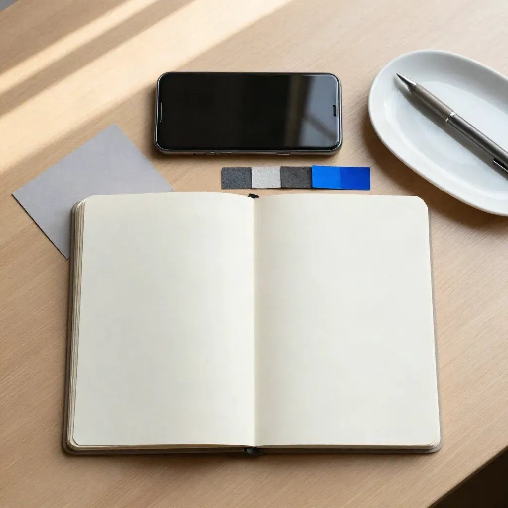 Telefon, buku nota terbuka, jalur sampel warna dan dulang seramik di atas kayu cerah.