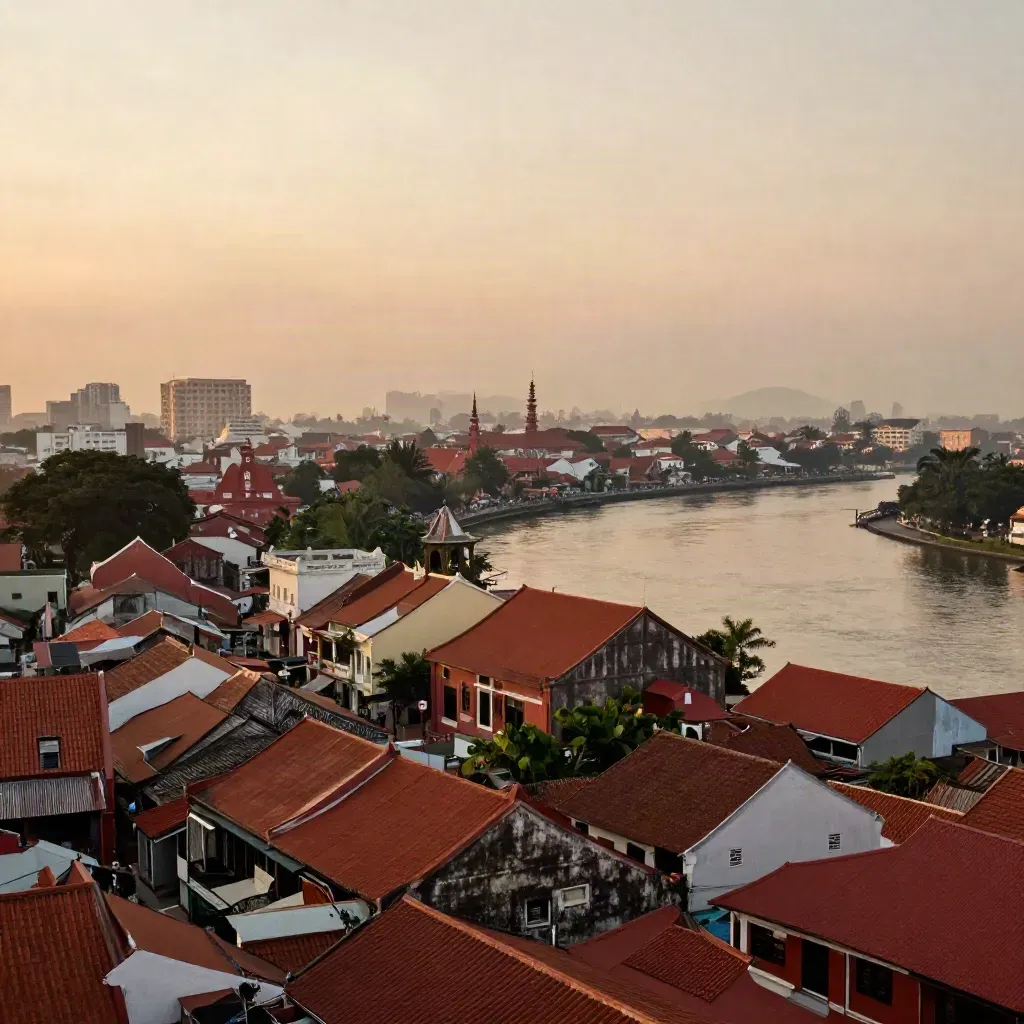 Pemandangan Melaka waktu senja dengan bumbung merah, sungai tenang dan bangunan kolonial berkabus.
